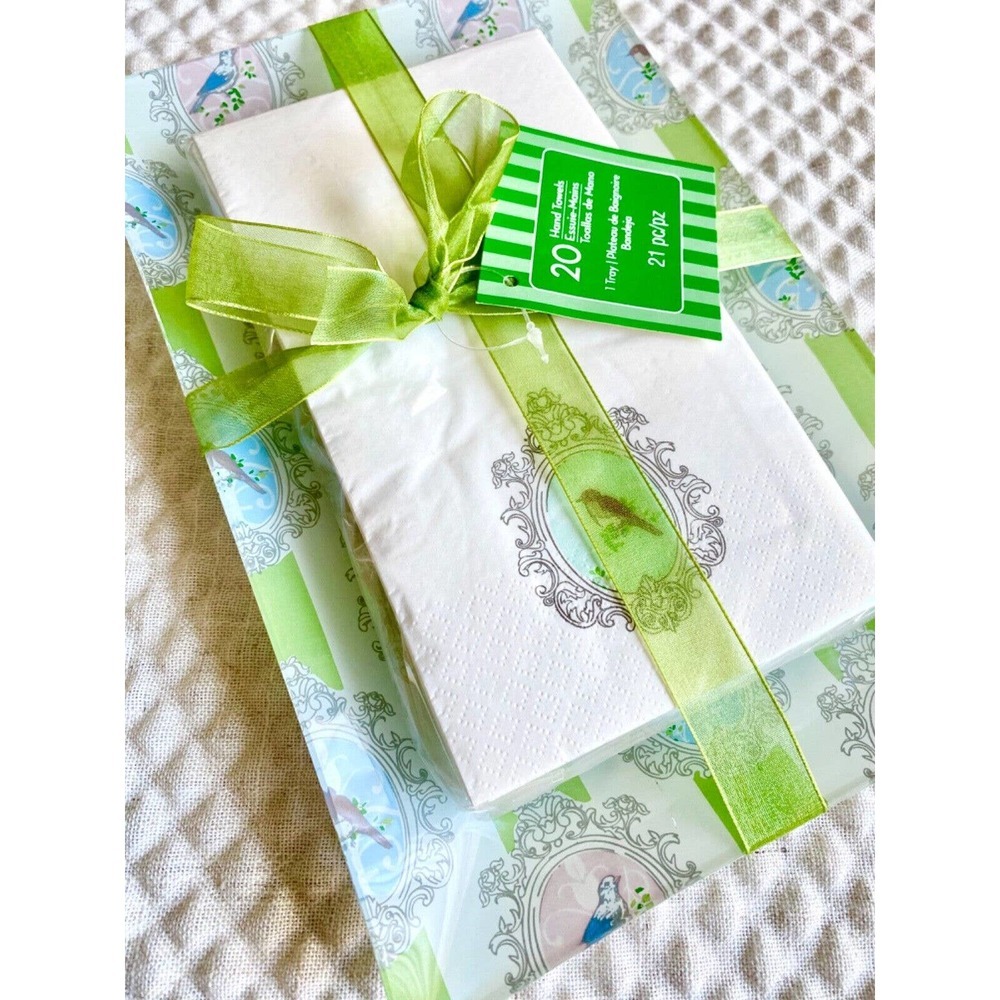 New Bird Print Paper Guest Towels Napkins w/ Bird & Green Stripe Glass Tray